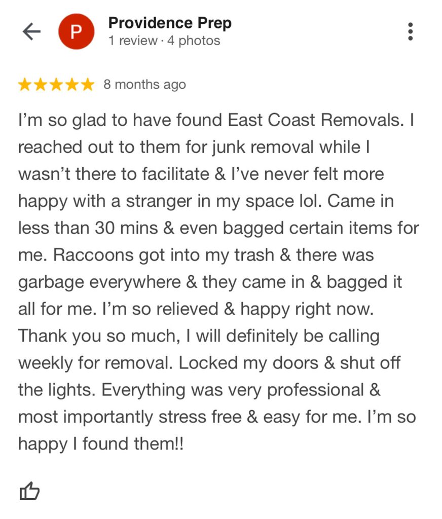 5 Star review for East Coast Removals.